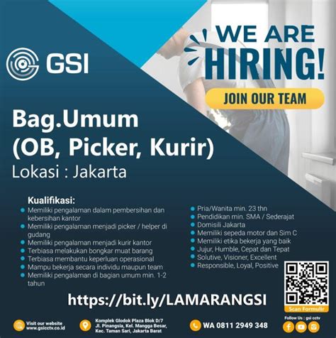 Lowongan Kerja Bagian Umum OB Picker Kurir Admin Gudang Sales