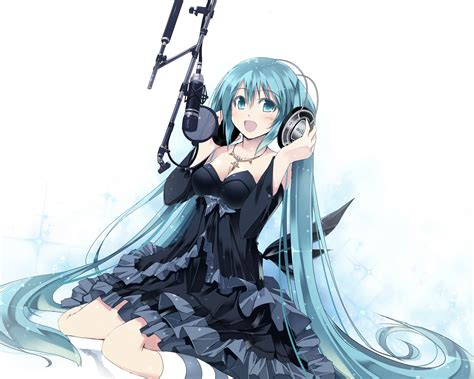 Blue Eyes Blue Hair Bow Dress Hatsune Miku Headphones Kneehighs Long