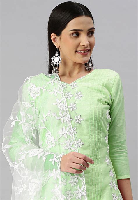 Embroidered Chanderi Cotton Pakistani Suit In Green Kmy70