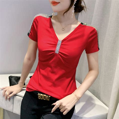 Women S New Trendy Sexy V Neck Hot Diamond T Shirt Women S Short
