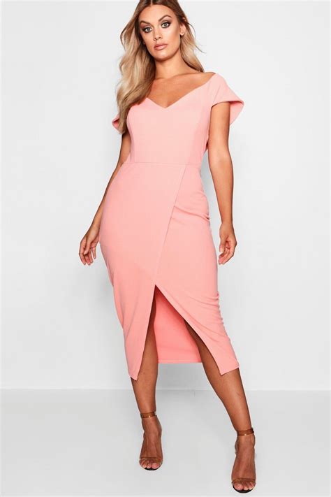 Plus Off The Shoulder Wrap Midi Dress Boohoo Dresses Dress Dusty