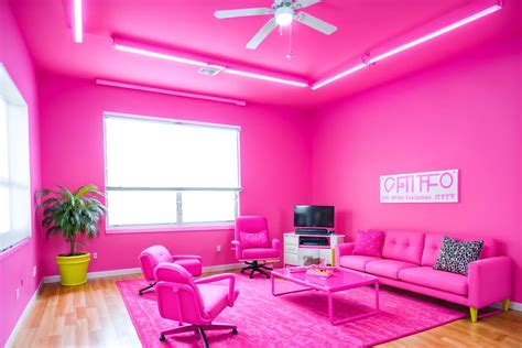 Hot Pink Style Coworking Space Interior With Office Chairs And Lounge