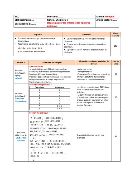 SOLUTION Operations Sur Les Decimaux Fiches Pedagogiques Maths 1ac