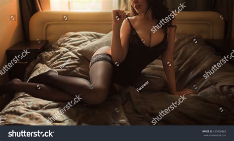 Sexy Beautiful Brunette Girl Black Underclothes Stock Photo Edit Now