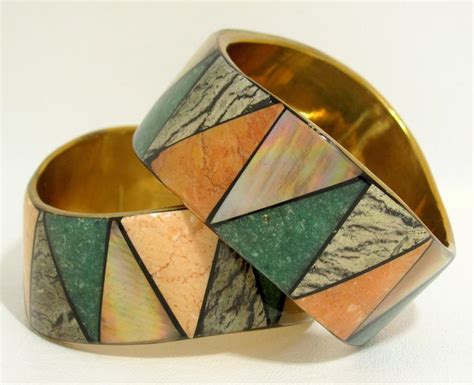 Pair Of 2 Inlaid Bangle Bracelets Brass Var Minerals Mother Of Pearl