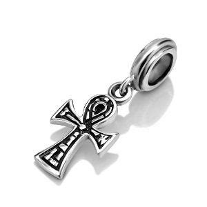 925 Sterling Silver Hieroglyphic Ankh Cross Dangle Bead Charm