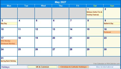 May 2027 UK Calendar with Holidays for printing (image format)