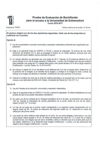 Examen de Física de Extremadura EBAU de 2017 Descargar exámenes