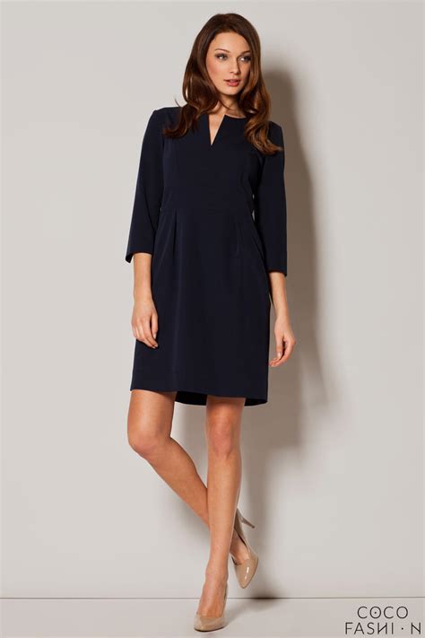 Dark Blue Slit Neckline Pleated Midi Length Dress