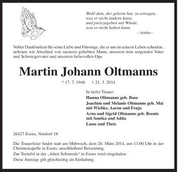 Traueranzeigen Von Martin Johann Oltmanns Nordwest Trauer De