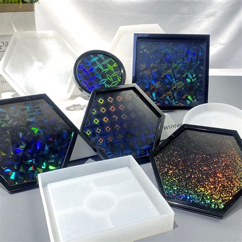 TGS Holographic Coaster Silicone Mold Round Square Hexagonal For Resin