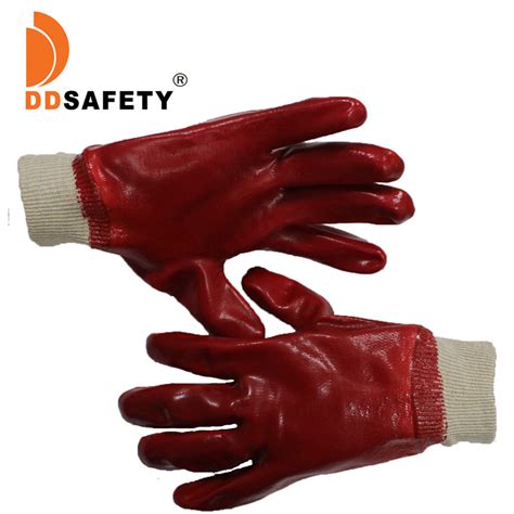 Red Pvc Fully Dipped Gloves Cotton Polyester For Shell Interlock Liner