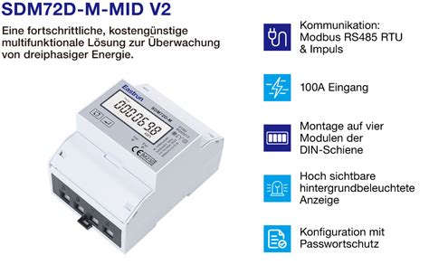 EASTRON SDM72D M 2 MID Stromverbrauchsmesser 100A Drehstromzähler