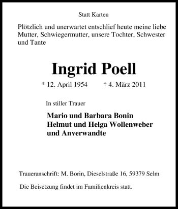 Traueranzeigen Von Ingrid Poell Trauer In Nrw De