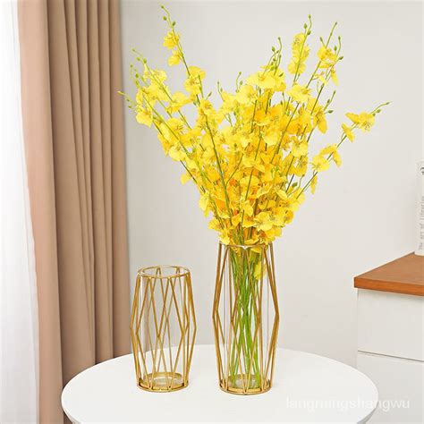 Ins Style Nordic Dining Table Flower Arrangement Golden Iron Glass Vase