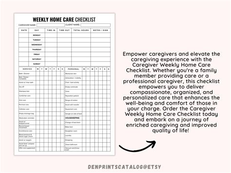 Weekly Home Care Checklist Printable Monday Start Caregiving Elderly Care Checklist Printable