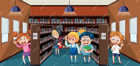 Escena De La Biblioteca Escolar Con Niños Felices Vector Premium