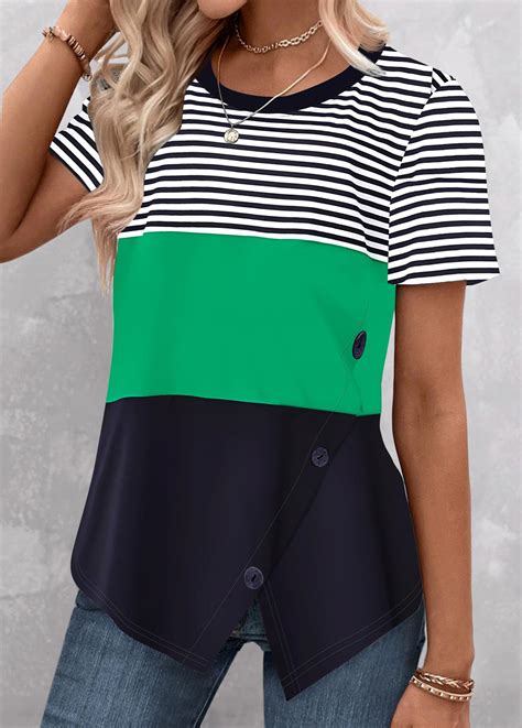 ROTITA Patchwork Striped Green Round Neck T Shirt Rotita USD 28 98