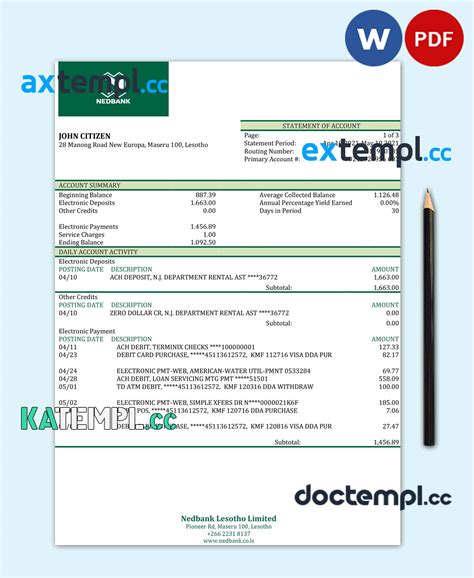 Sample Lesotho Nedbaank Bank Statement Template In Word And Pdf Format