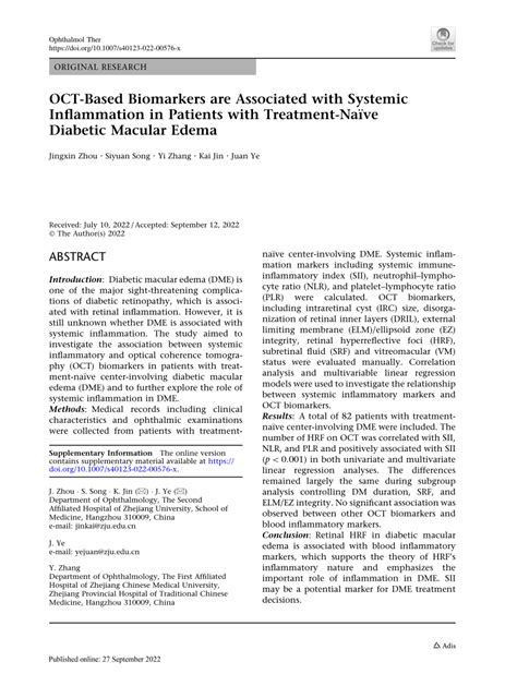 Pdf Oct Based Biomarkers Are Associated With Systemic Inflammation In Patients With Treatment