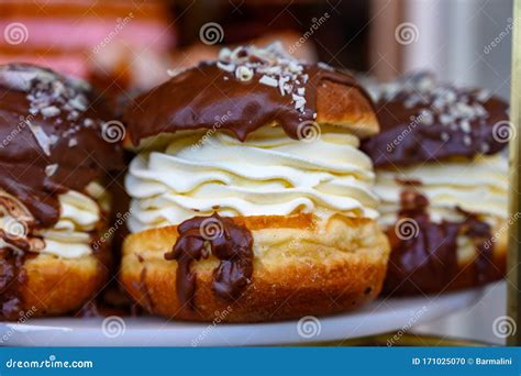 Scottish Cream Choux Buns With Chocolate Close Up Stock Photo Image