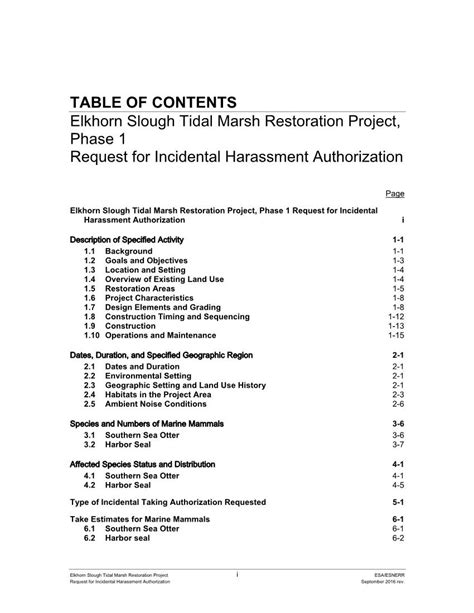 Table Of Contents Elkhorn Slough Tidal Marsh Restoration Project Phase