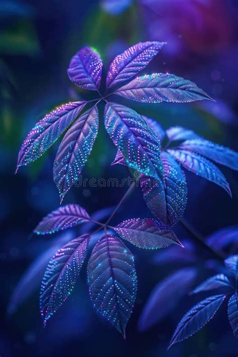 Mystical Purple Leaves With Dewdrops In A Magical Forest At Night