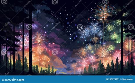 Anime Style Fireworks In Forest Colorful Gradients And Retro 8 Bit