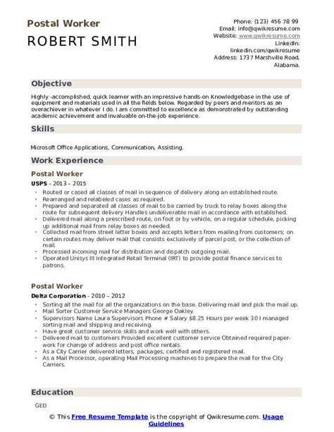 Postal Worker Resume Samples Qwikresume