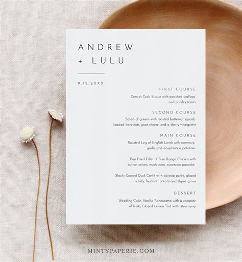 Minimalist Menu Template Printable Modern Simple Wedding Etsy Ireland