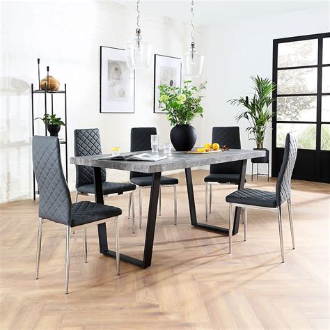 Addison Industrial Dining Table And 6 Renzo Chairs Grey Concrete Effect And Black Steel Grey