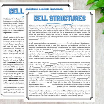 Cell Organelles Cloze Reading Comprehension Word Bank Biology