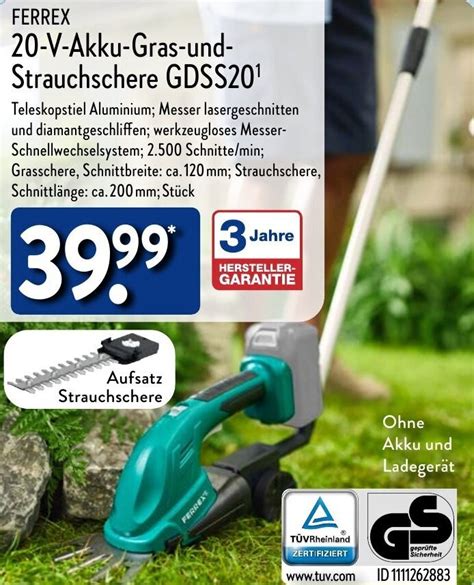 FERREX 20 V Akku Gras und Strauchschere GDSS20¹ Angebot bei Aldi Nord