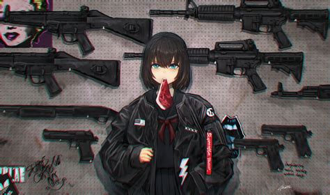 Dark Aesthetic Background Anime Girl Holding Gun Pose - IMAGESEE