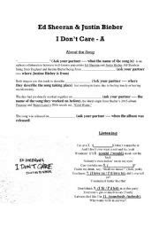 Ed Sheeran Justin Bieber I Dont Care Esl Worksheet By Psrates