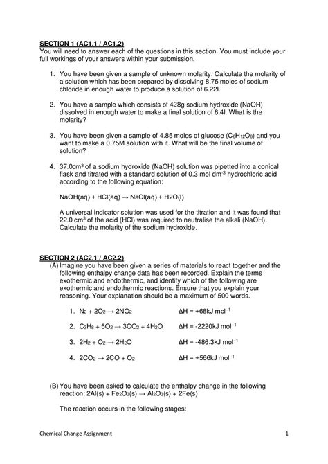 Calam O Chemical Change Assignment Questions