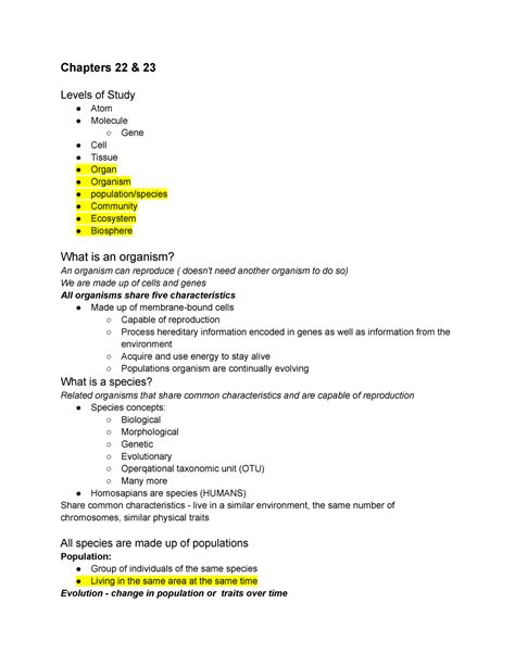 BIO 113 Lecture Notes Organismal Biology Chapters 22 23 Levels Of