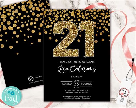 Diy St Birthday Confetti Invitation Printable Template Black Gold