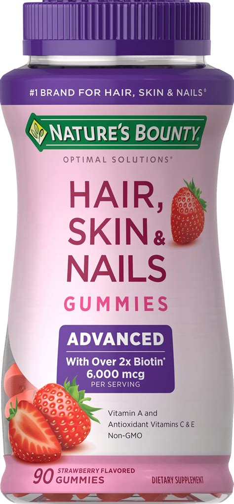 Natures Bounty Advanced Hair Skin And Nails Strawberry Gummies 6000mcg Biotin 90 Ct