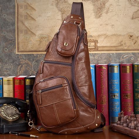 Brown Leather Mens Cool Large Sling Bags Light Brown Crossbody Pack Ch