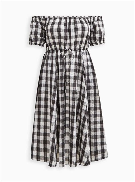 Plus Size Off Shoulder Peasant Midi Dress Seersucker Gingham Grey