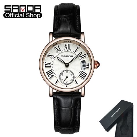 Sanda Women Watch Genuine Casual Simple Leather Strap Quartz Gift Box