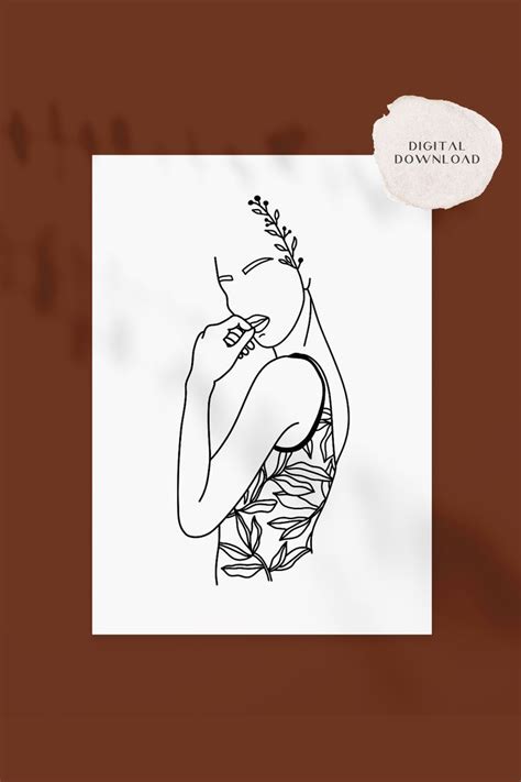 Minimal Line Art Woman With Flowers