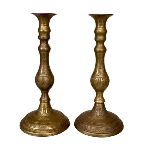 Vintage Traditional India Brass Etched Candlestick Holders A Pair