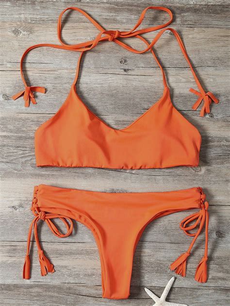 16 OFF 2021 Tassels Lace Up Bikini Set In ORANGEPINK ZAFUL