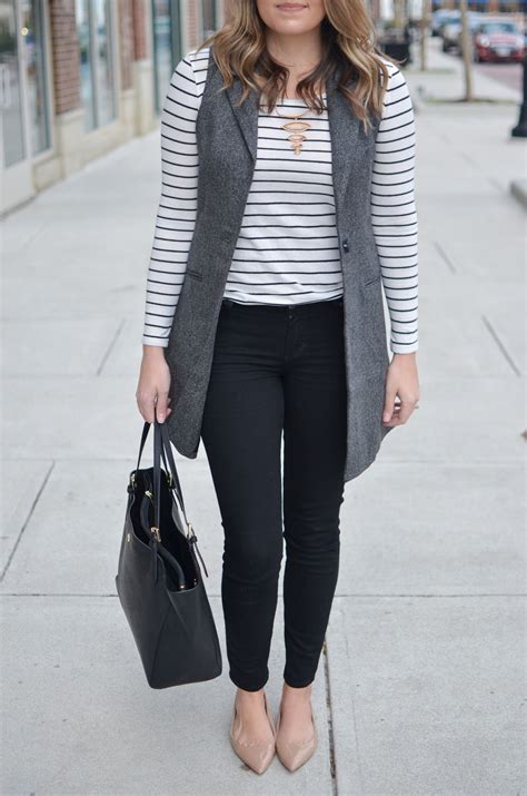 How To Wear A Long Vest Striped Tee Long Gray Vest Black Jeans And