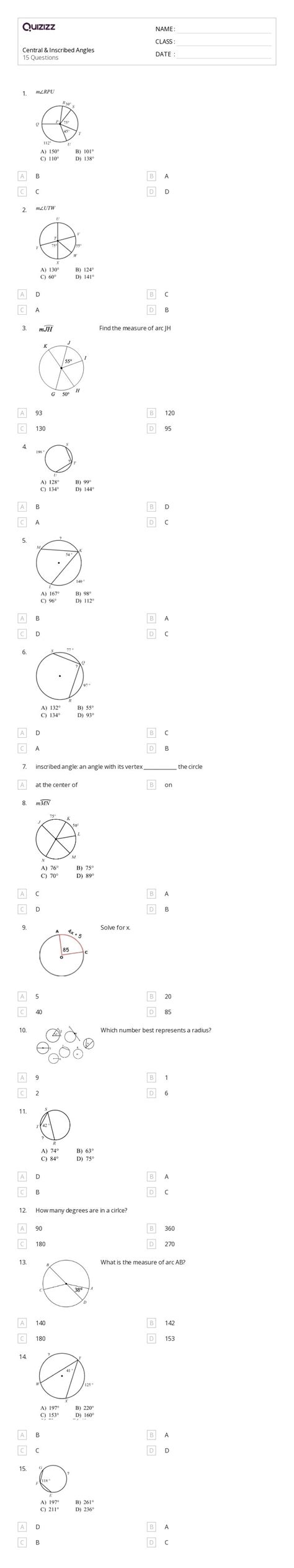 Inscribed Angles Worksheets For Th Grade On Quizizz Free Printable