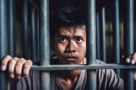 Ein Asiatischer Gefangener In Einer Zelle Hinter Gittern Junger Mann Im