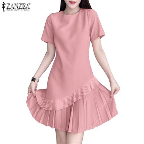 Cheap Zanzea Women Summer Pleated Splice Hem Short Sleeve O Neck Casual