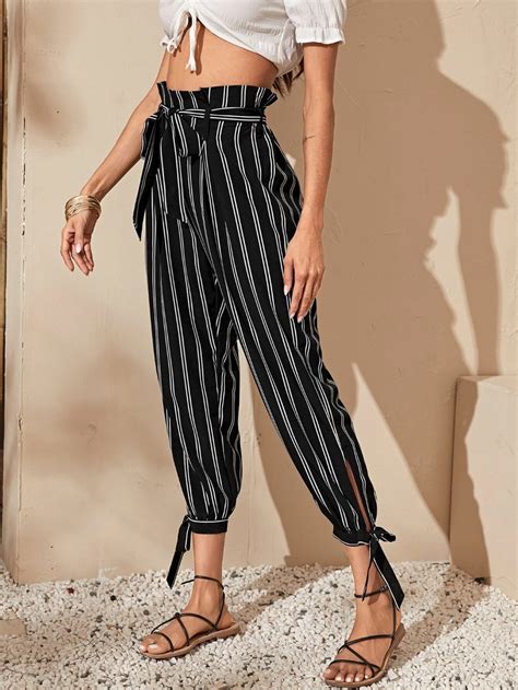 Paperbag Waist Belted Knot Hem Striped Cropped Pants Shein Usa Belt